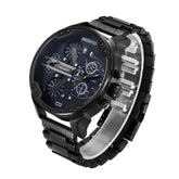 CAGARNY 6820 Fashionable Business Style Large Dial Dual Time Zone Quartz Movement Wrist Watch with Stainless Steel Band & Calendar Function for Men((Black Steel Band Blue Window)